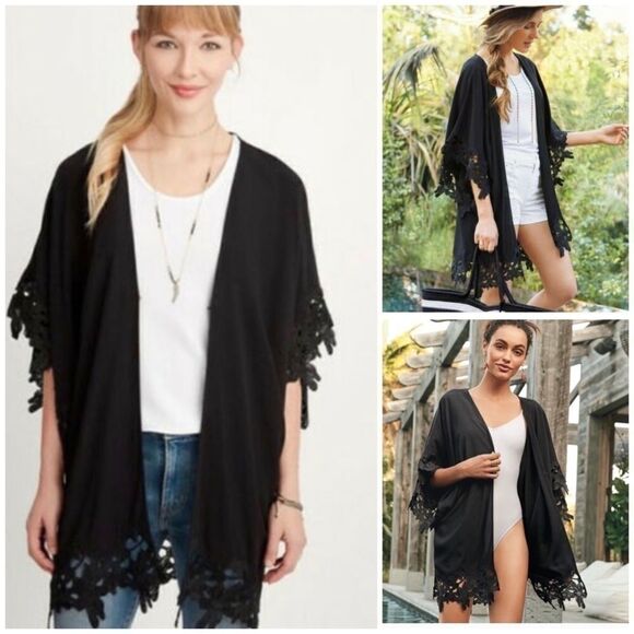Stella & Dot Lace Trim Kimono Cover Up Black Large - Picture 2 of 13